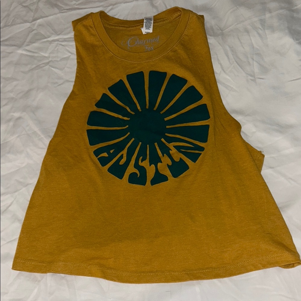 Mustard Yellow Muscle Tee with Green Sunburst Design